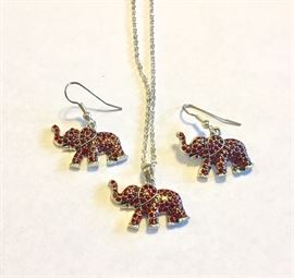 Red crystal elephant necklace and earring set