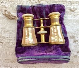 Antique Lemarie Fi Paris brass and mother of pearl opera glasses with original purple velvet bag