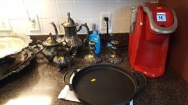 EPCA Lancaster Rose teapot and creamer and sugar, Weber griddle, Keurig