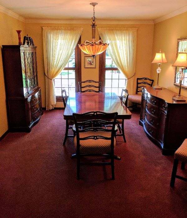Complete room view of Cherry Wood Dining Room.  All Items available for sale (Table, 6 Chairs, Buffet Cabinet, China Cabinet, 2 Lamps, Decorative Mirror, Accent Photos.  