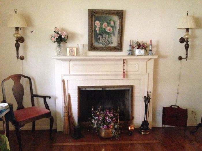 Chair, Pair of Wall Sconces, Fireplace Screen & Equipment