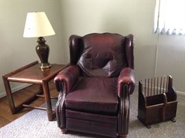 Leather Recliner, End Table, Lamp, Cranberry Scoop Magazine Rack