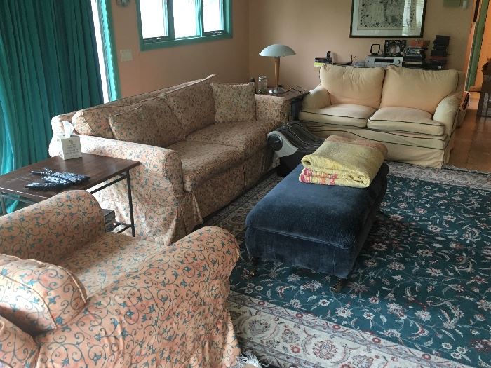 Down filled sofas, ottoman & area rug 