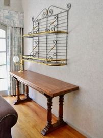 Extendable oak table and brass shelf