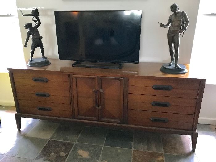 mid century console, two bronze mid 19th century statues, Bacchus and Dionysus