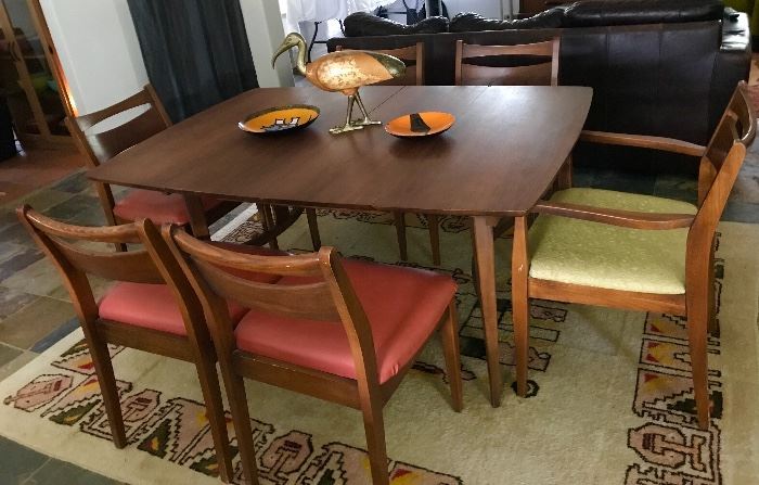 mid century dining table  with six chairs, walnut veneer