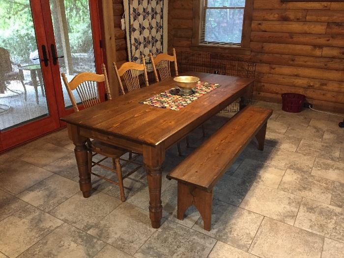 Large Southern Home Style Dining Table with Bench / Chairs Mixture ....measuring at 7' x 3'
