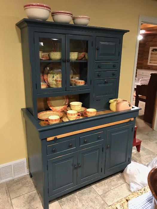 Conestoga Modern Early American Cupboard hutch in Colonial Blue Color.  Notice the well balanced clean design and slide out board 