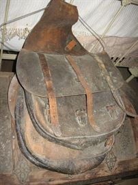 Antique Saddlebags with US symbol stamped on each bag.