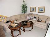 Flexsteel couch / wood tables with glass tops