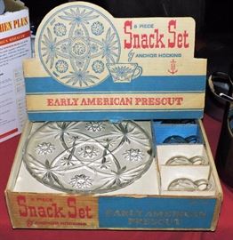 Vintage Anchor Hocking Prescut Early American 8pc Snack plate set in the original complete box.  