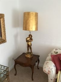 HEAVY DECORATIVE LAMP, WOOD SIDE TABLE