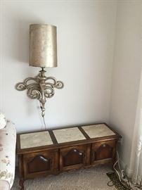 2 WOOD/MARBLE CREDENZAS, DECORATIVE WALL LAMP