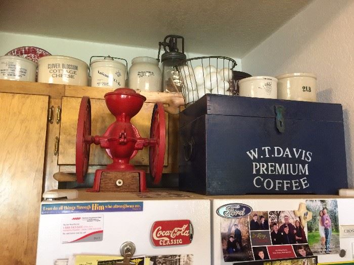 Coffee grinder and coffee box, advertising crocks