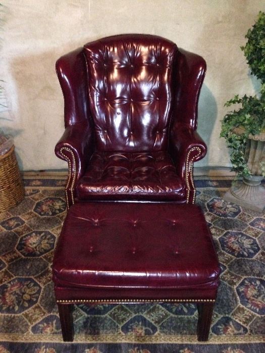 Burgundy leather Hickory Wing Chair and ottoman