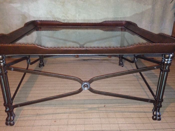 Metal and leather Glass top coffee table. 
