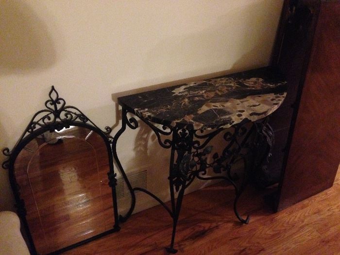 Antique wrought iron, marble hall table with mirror