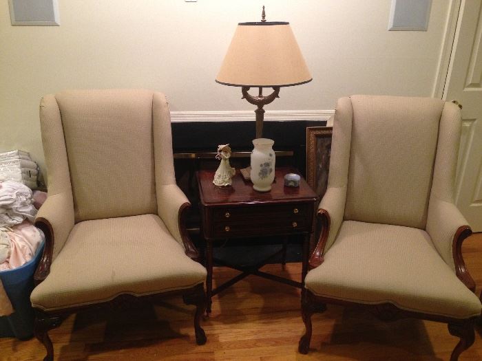 matching lady wing chairs/matching inlaid mahogany side tables