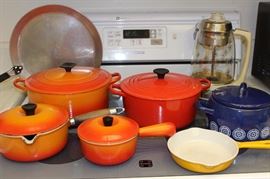 Le Crueset cookware. vintage perculator and bean pot.