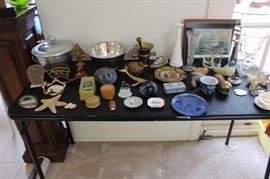 Beach and nautical decor, whales, shells, geodes, brass, silver plate, enamelware.