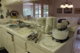 Vintage mixer on stand, Pyrex, CorningWare, flatware.