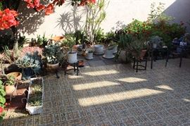 Plants, birdbath, tables and yard decor.