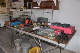 Tool boxes, tools, galvanised buckets, watch repair tools.