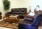 Like New Double Reclining Leather Sofa and Glider Recliner by Lane