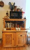 Primitive Pine Kitchen Cupboard with flour bin and Pine Glass Door Display Case, Microwave, Copper Kettles, Cookbooks, Chickens
