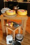 2 Bamboo tables, Enamel Pans, Artificial Fruit,