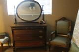 Antique Dresser with Oval Mirror and Victorian Eastlake Arm Chair