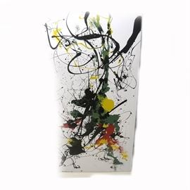 Carl Gacono Oil Painting on Canvas of Abstract Composition: An oil painting of an abstract composition by artist Carl Gacono. This painting depicts a Jackson Pollock inspired layering of mustard yellow, olive green, crimson red and black pigment in spattered and swirling brush strokes against a white background. To the lower left corner of the composition is an artist signature. The painted canvas is wrapped over a wooden stretcher with hanging wire to the verso.