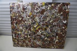 Carl Gacono Oil Painting of Abstract Composition: An oil painting of an abstract composition by artist Carl Gacono. This painting depicts a Jackson Pollock inspired layering of yellow, ochre, steel blue, cream, crimson and black pigment in spattered and swirling brush strokes. To the lower margins is an artist signature. The painted canvas is wrapped over a wooden stretcher with hanging wire to the verso.