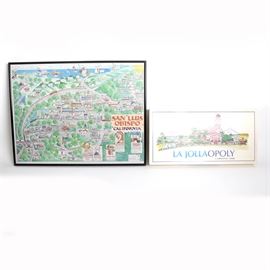 "La Jollaopoly" Board Game and Framed Map of San Luis Obispo: A pair of items related to cities in the American state of California. This pairing contains a map of the town of San Luis Obispo and a copy of the board game La Jollaopoly which is an adaptation of the game Monopoly but uses the city of La Jolla as the source material and was made by the company Cityopoly. The map is held in a hard plastic frame that is black in tone with a clear backing which shows the map’s directory and has a wire hanger.