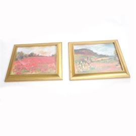 Sharon Roy Finch Pastel Drawings of Landscapes: A pair of pastel drawings of landscapes by artist Sharon Roy Finch. These two drawings include Poppies and Roujan, France, both of which are impressionist depictions of a rolling countryside populated with vibrant flowers and crops, with the latter composition featuring houses to the deep background. To the lower right corners of each composition is an artist signature. The drawings are presented under glass in a gold tone wooden frame with hanging wire to the verso. For more information on the artist, visit the link below.