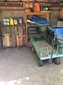 carts, dollies, animal traps, tires, several bird houses