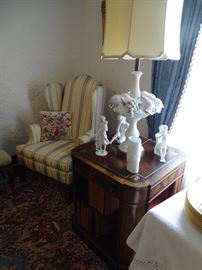  WING CHAIR IS SOLD.  TABLE IS SOLD.  LAMP & KAISER FIGURINES STILL AVAILABLE.