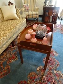 BUTLER TABLE SOLD.  Cherry butler coffee table & group of satin glass vases and bowls.
