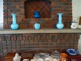 Blue satin glass vases & cracker jars.