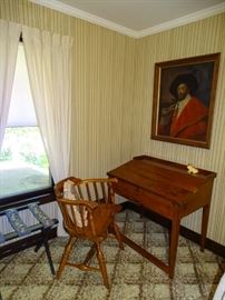 Antique slant top desk, cavalier oil painting & captain's chair.