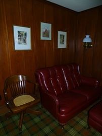 Oak swivel desk chair.  Burgundy Jamestown Royal red leather love seat & ottoman (one of two available).