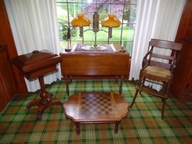 Group of antique pieces....double student lamp, high chair, cherry drop leaf table, checkers table & 