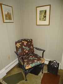 Wrought iron chair & planter.