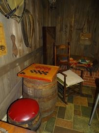 KEG TABLE & STOOLS SOLD.  CHECKERBOARD IS SOLD.