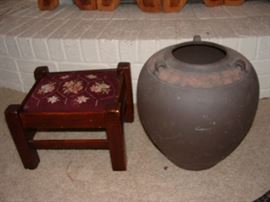 antique mission oak footstool and decorative vase