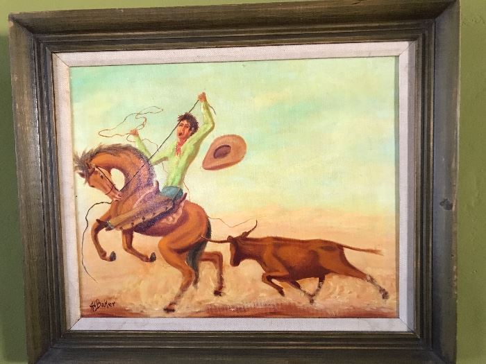 Vintage cowboy and bull painting
