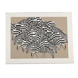 Charley Harper Signed Serigraph "Serengeti Spaghetti": An original 1979 serigraph on paper by noted Cincinnati Geometric Minimalist wildlife artist Charley Harper (1922 – 2007), titled Serengeti Spaghetti. The print depicts a wild tangle of zebras feeding together in a taupe atmosphere, their stripes creating a chaotic chatter across the printed image. The print is signed to the lower right corner and printed, “COPR Charles Harper 1979” to the lower left corner. The work is hand numbered edition 2,119 in a series of 2,500. The print is unframed.