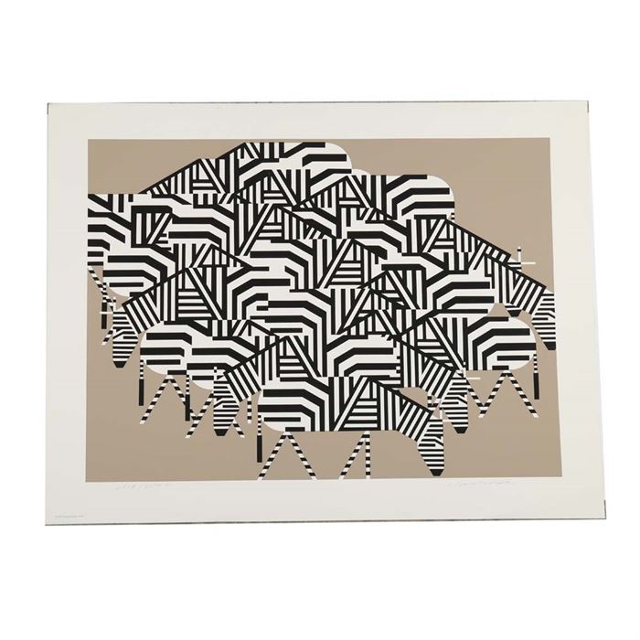 Charley Harper Signed Serigraph "Serengeti Spaghetti": An original 1979 serigraph on paper by noted Cincinnati Geometric Minimalist wildlife artist Charley Harper (1922 – 2007), titled Serengeti Spaghetti. The print depicts a wild tangle of zebras feeding together in a taupe atmosphere, their stripes creating a chaotic chatter across the printed image. The print is signed to the lower right corner and printed, “COPR Charles Harper 1979” to the lower left corner. The work is hand numbered edition 2,119 in a series of 2,500. The print is unframed.