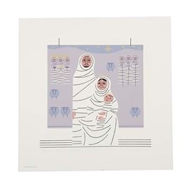 Edie Harper Signed Serigraphs "Family Portrait": A hand signed limited edition serigraph titled Family Portrait from Edie Harper (1922-2010), wife to Charley Harper and renowned artist in her own right. This print depicts Mary and Joseph holding baby Jesus while the Wise Men and Shepherds look on. Produced in 1979, number 366 in an edition of 750, it is signed in pencil to the lower right, numbered and titled in pencil to the lower left, with copyright information printed to the lower left corner. Unframed.