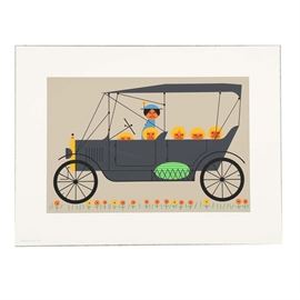 Edie Harper Signed Serigraph "Sunday School Outings": A hand signed limited edition serigraph titled Sunday School Outings from Edie Harper (1922-2010), wife to Charley Harper and renowned artist in her own right. This print depicts a woman driving a car with five children’s heads peeping out. Produced in 1976, number 695 in an edition of 750, it is signed in pencil to the lower right, numbered and titled in pencil to the lower left, with copyright information printed to the lower left corner. Unframed.